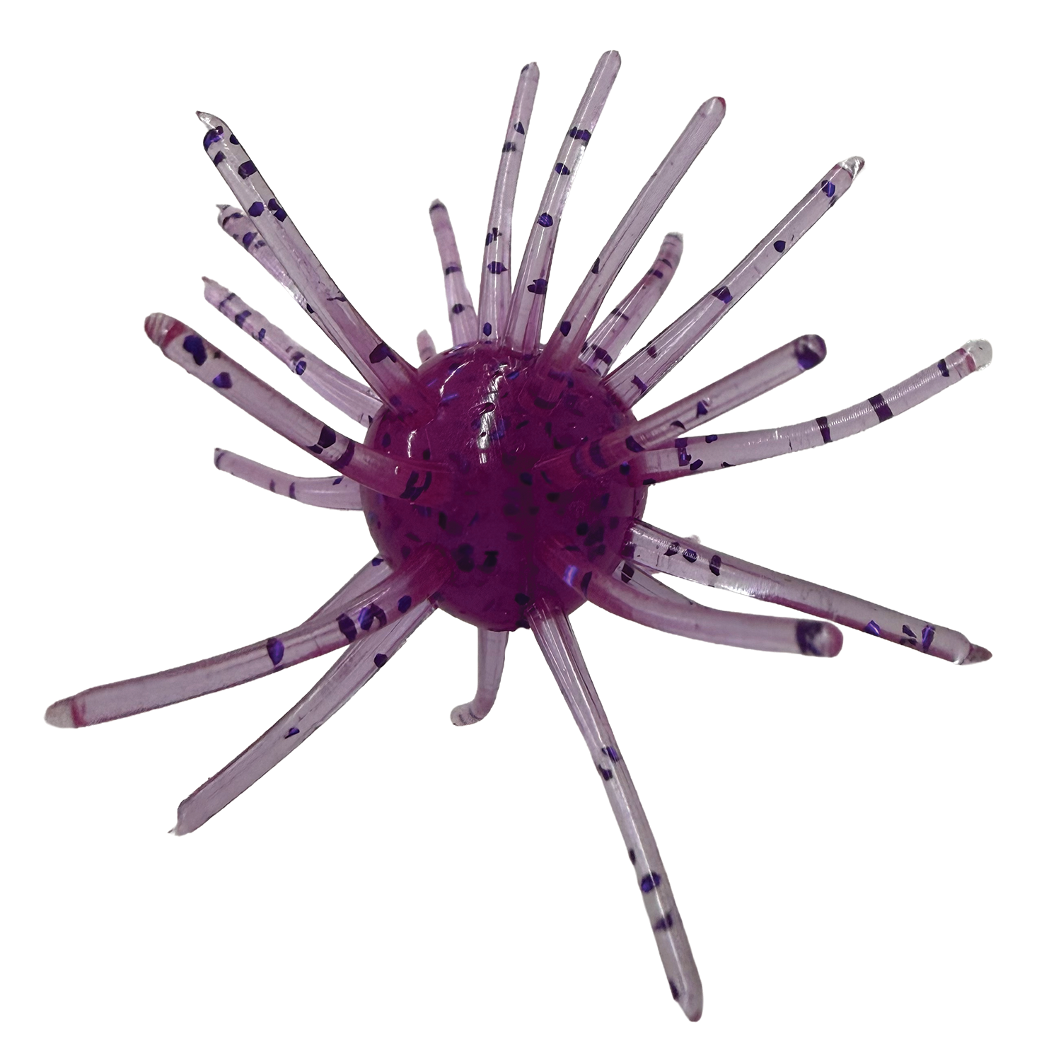 Randamu Lures Fuzzy Ball Mini in translucent purple with flexible tentacle-like appendages and dark speckles, designed as a fishing lure for freshwater tackle.
