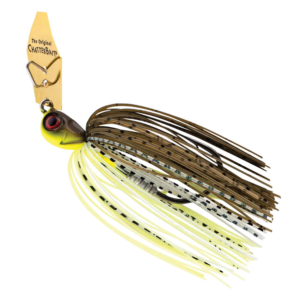 Z-Man Chatterbait Elite Evo HD fishing lure with a gold blade, detailed yellow and brown head, and multi-colored silicone skirt designed for fishing tackle enthusiasts.