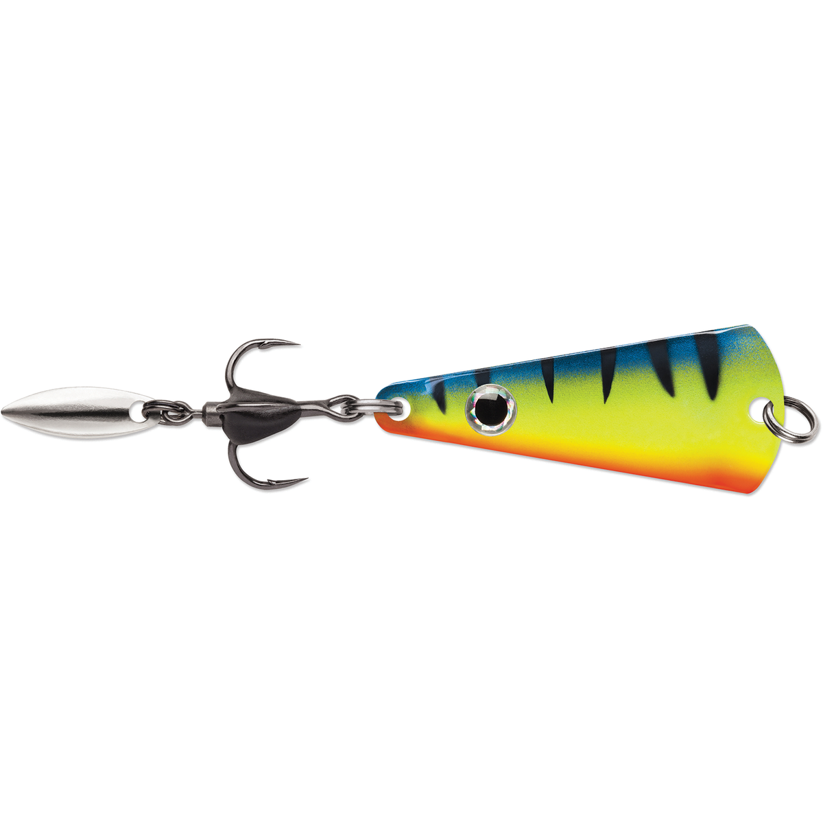 VMC Bladed Tingler Spoon fishing lure featuring a bright chartreuse and blue striped body a silver blade and treble hook on a white background