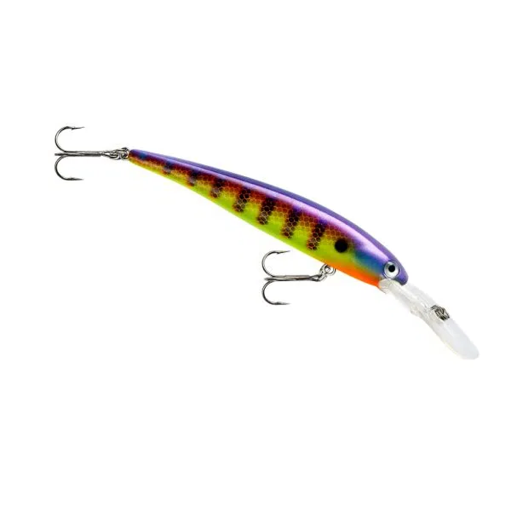 Bandit B-Shad fishing lure with a colorful, reflective body featuring purple, orange, and yellow tones and equipped with two sharp treble hooks and a clear plastic lip for diving action.