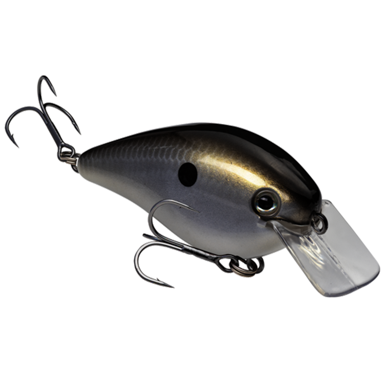Strike King KVD Hard Knock fishing lure in a metallic gray and black finish with two treble hooks and a clear diving lip designed for effective fishing tackle.
