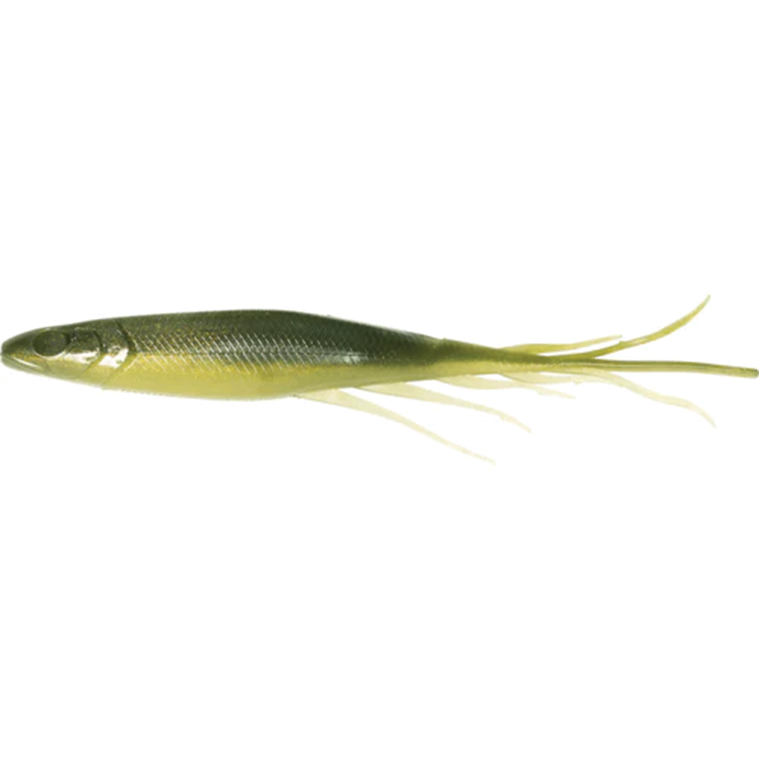 Hideup Judy Fish 5.2" soft fishing lure in green and yellow tones with a realistic fish shape and multiple thin trailing appendages for enhanced movement in water.