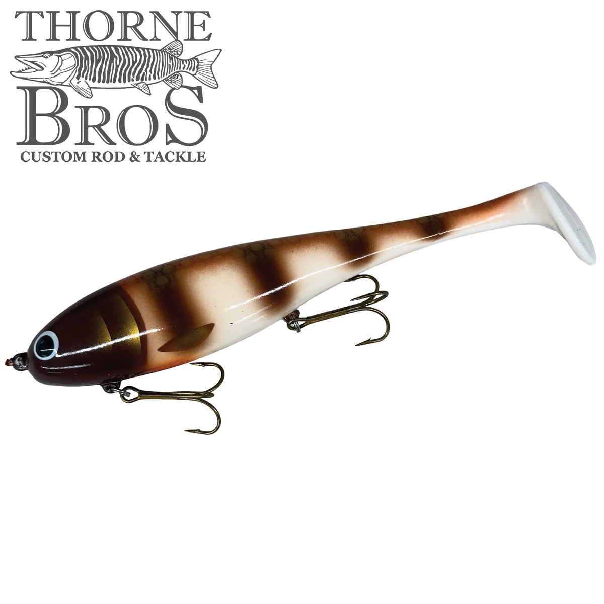 Musky Innovations Magnum Swimmin' Dawg - SHALLOW brown and white musky fishing lure with a paddle tail and treble hooks for shallow water fishing