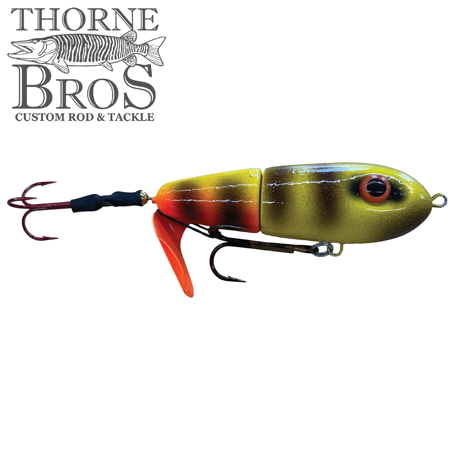 Lake-X Dr. Evil fishing lure designed for musky fishing, featuring jointed body, vibrant yellow, orange, and brown colors, and sharp treble hooks for effective fishing tackle use.
