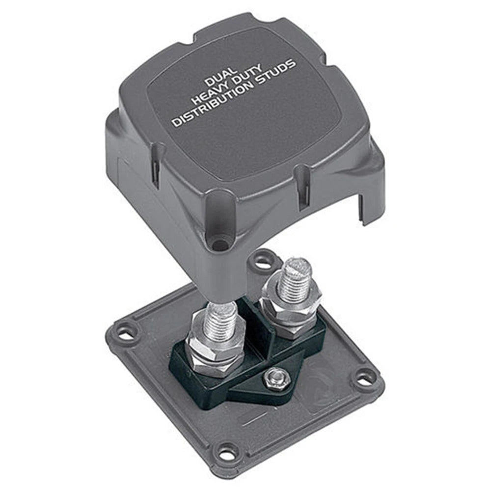 Grey heavy duty electrical distribution block featuring dual metal studs and a protective snap-on cover labeled with "Dual Heavy Duty Distribution Studs", BEP Heavy Duty Distribution studs 702-2S.
