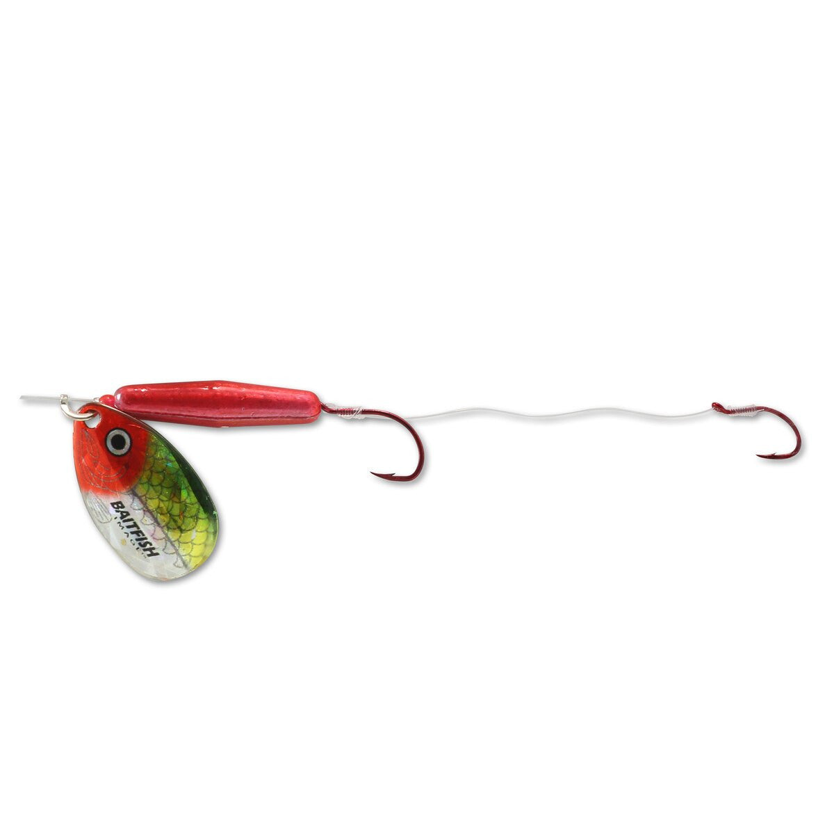 Northland Baitfish Float'n Spinner Rig featuring a colorful baitfish-patterned spinner blade, red float, and two red hooks connected by a clear fishing line for effective fishing tackle.
