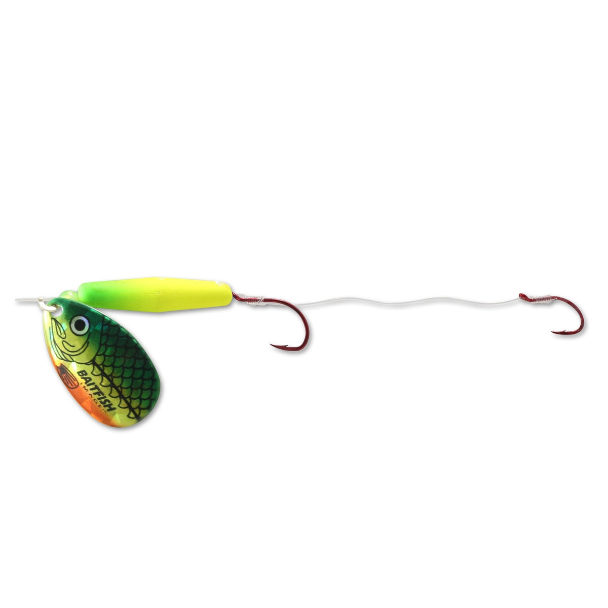 Northland Baitfish Float'n Spinner Rig featuring a fish-patterned spinner blade with green and yellow colors, attached to a white fishing line with two red hooks, designed for fishing tackle use.
