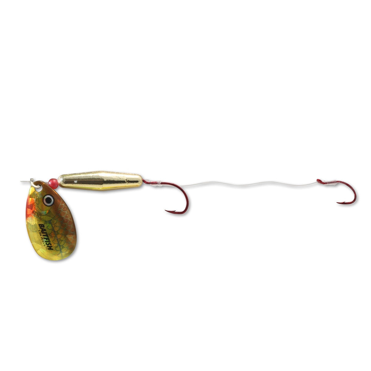 Northland Baitfish Float'n Spinner Rig featuring a metallic gold spinner blade with a fish eye design, a gold body weight, and two red fishing hooks connected by clear fishing line.