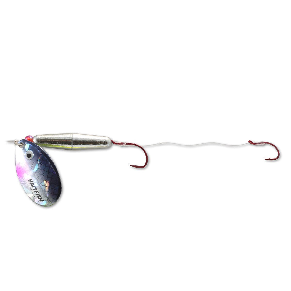 Northland Baitfish Float'n Spinner Rig with silver weighted body, blue and silver spinner blade, and red double hooks designed for effective fishing tackle use.