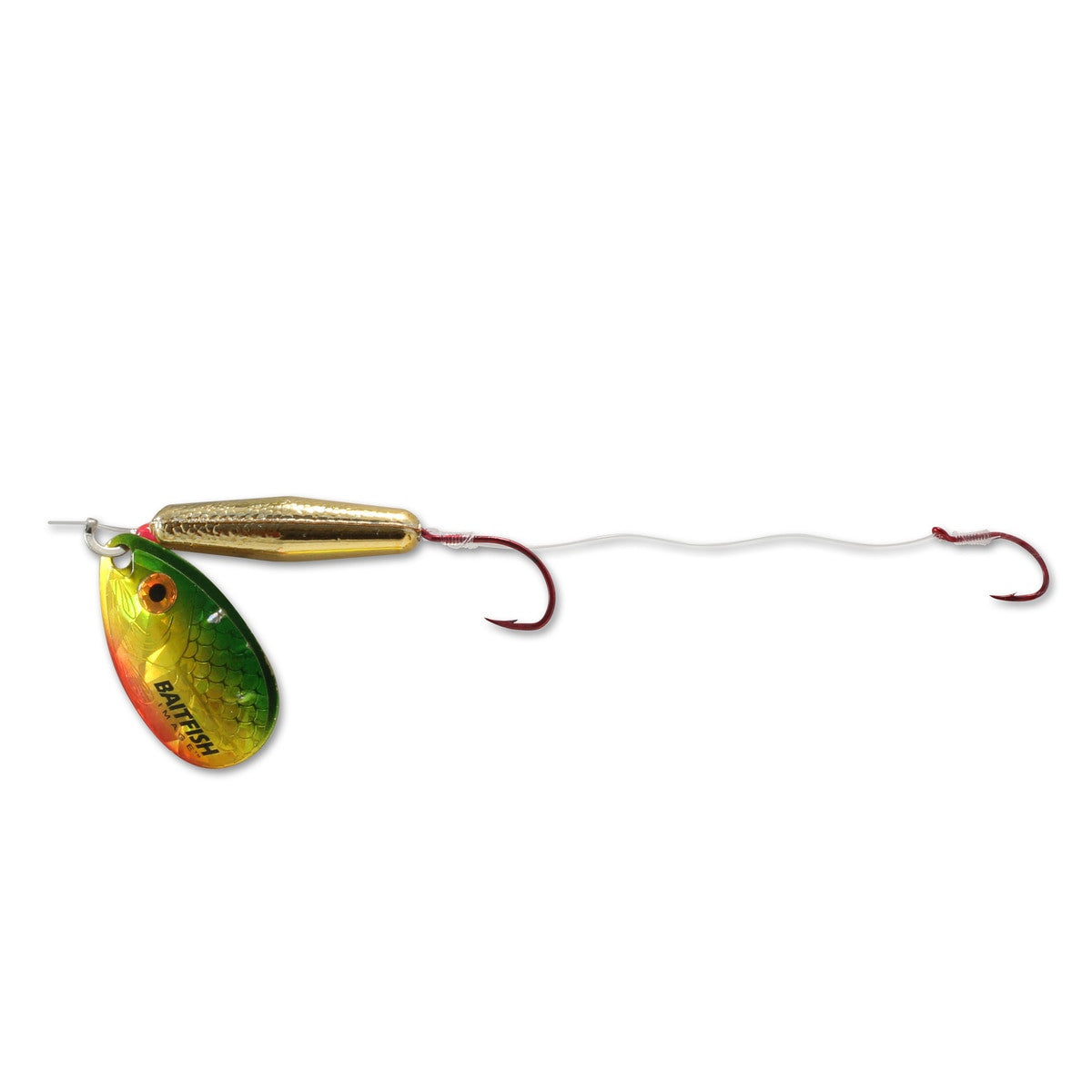 Northland Baitfish Float'n Spinner Rig featuring a gold spinner blade with green and yellow fish scale design, a brass-colored body, and two red hooks connected by a white fishing line.