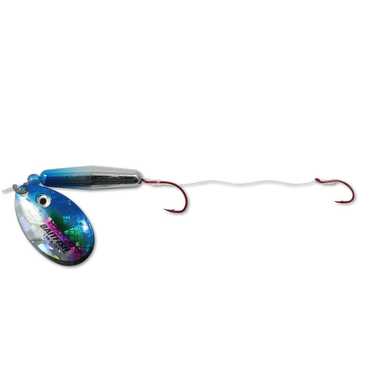 Northland Baitfish Float'n Spinner Rig features a blue and silver weighted body with a reflective, multicolored spinner blade and two red fishing hooks connected by a thin wire.
