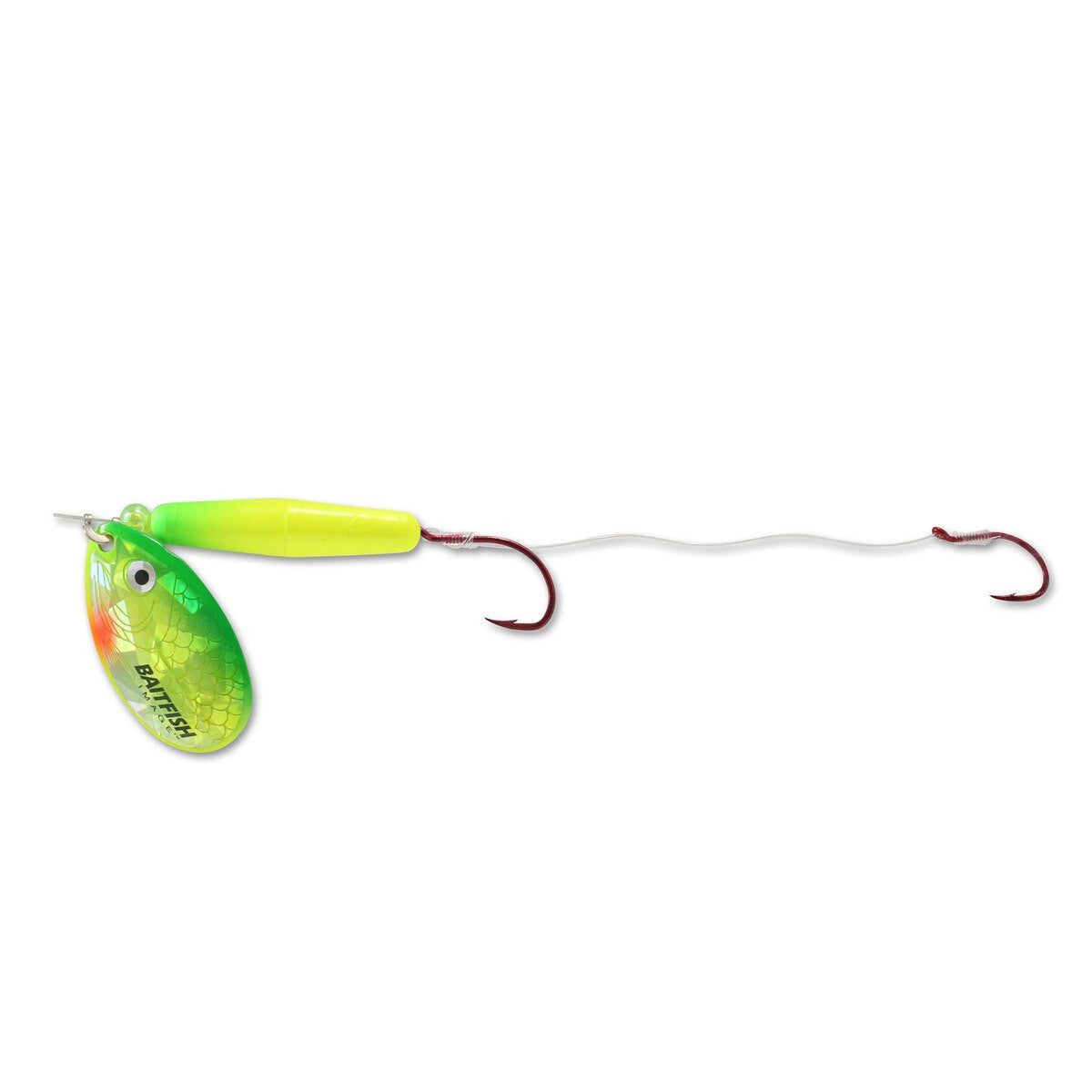 Northland Baitfish Float'n Spinner Rig fishing lure with bright green and yellow body, two red hooks, and a spinning blade for attracting fish in freshwater fishing tackle.