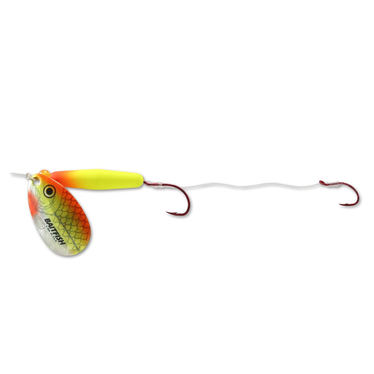 Northland Baitfish Float'n Spinner Rig featuring a bright yellow and orange spinner blade with scale pattern and two red fishing hooks connected by a white wire for fishing tackle use.