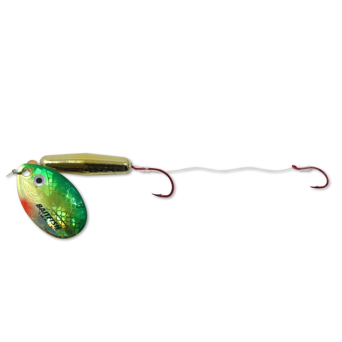 Northland Baitfish Float'n Spinner Rig featuring a green and gold spinner blade with fish scale pattern, a gold cylindrical weight, and two red fishing hooks connected by a white wire.