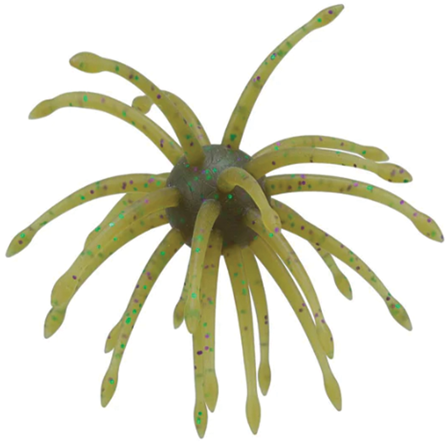 Yamamoto Uni Mas fishing lure with soft, flexible tentacle-like appendages in translucent olive green with purple and green glitter, designed for realistic movement in water.
