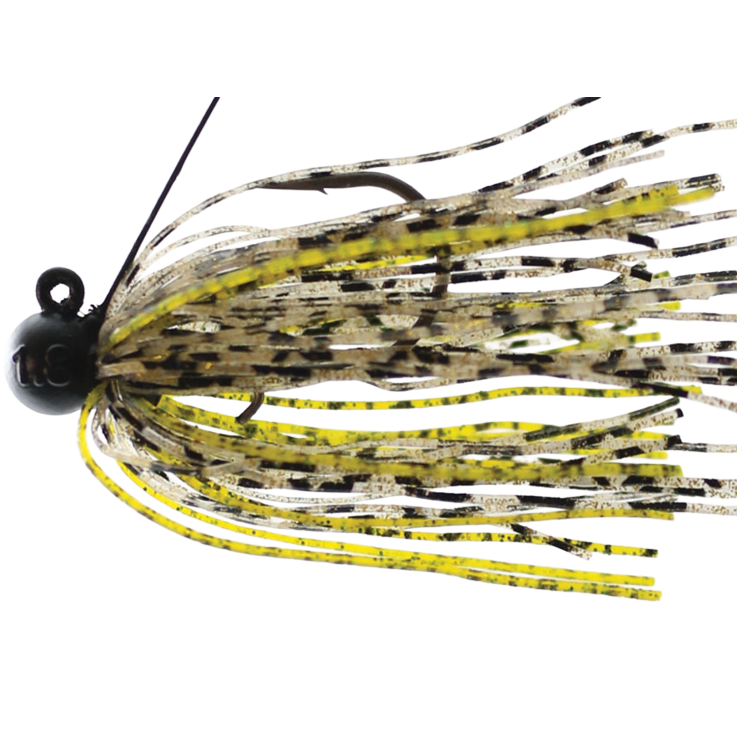 Issei Bibibi Shot fishing lure featuring a weighted black head with a skirt of yellow and brown striped rubber strands designed for musky and freshwater fishing tackle.