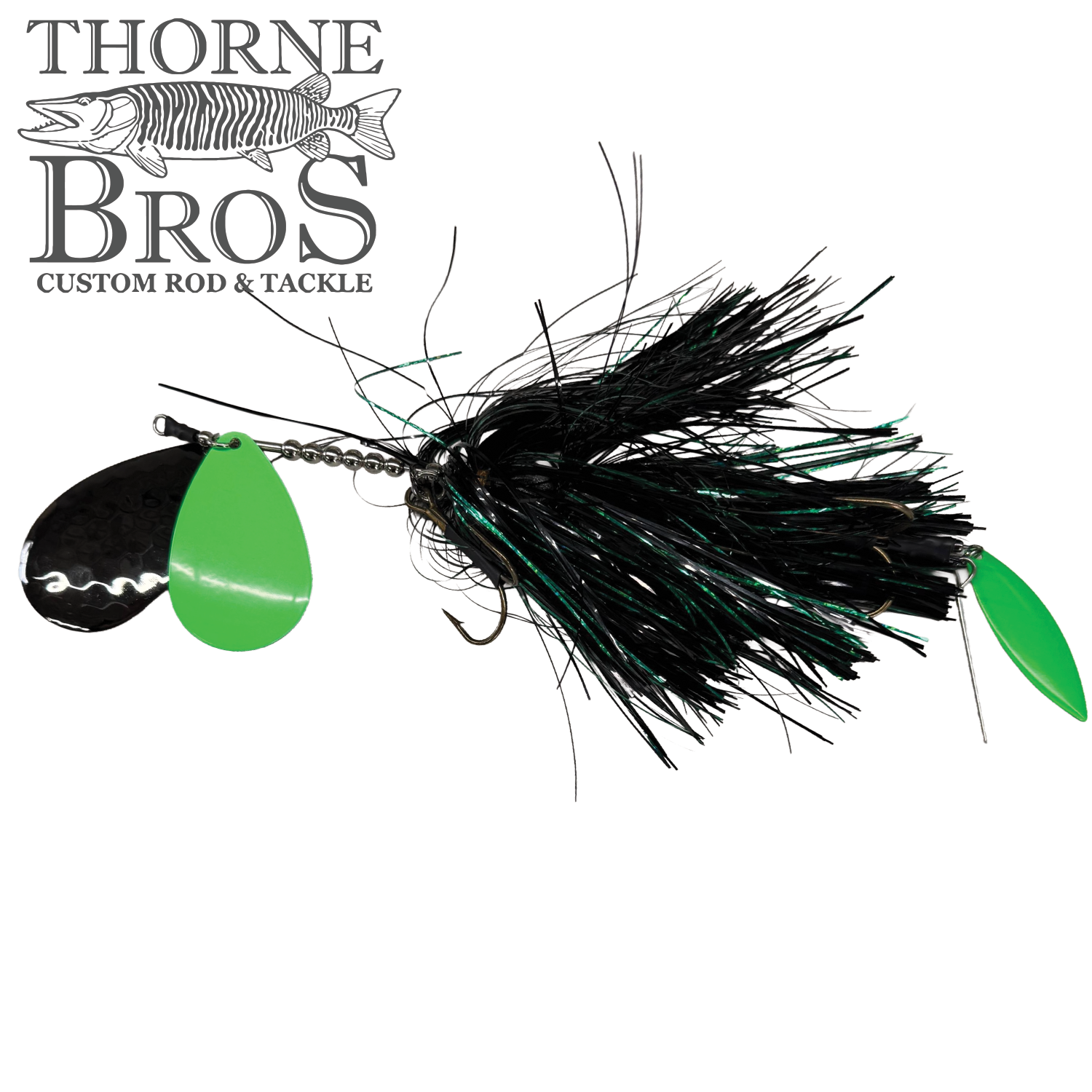 Hunsy Tails 9/10 Banger fishing lure featuring black and green skirt material with green and metallic spinner blades, designed for musky fishing.