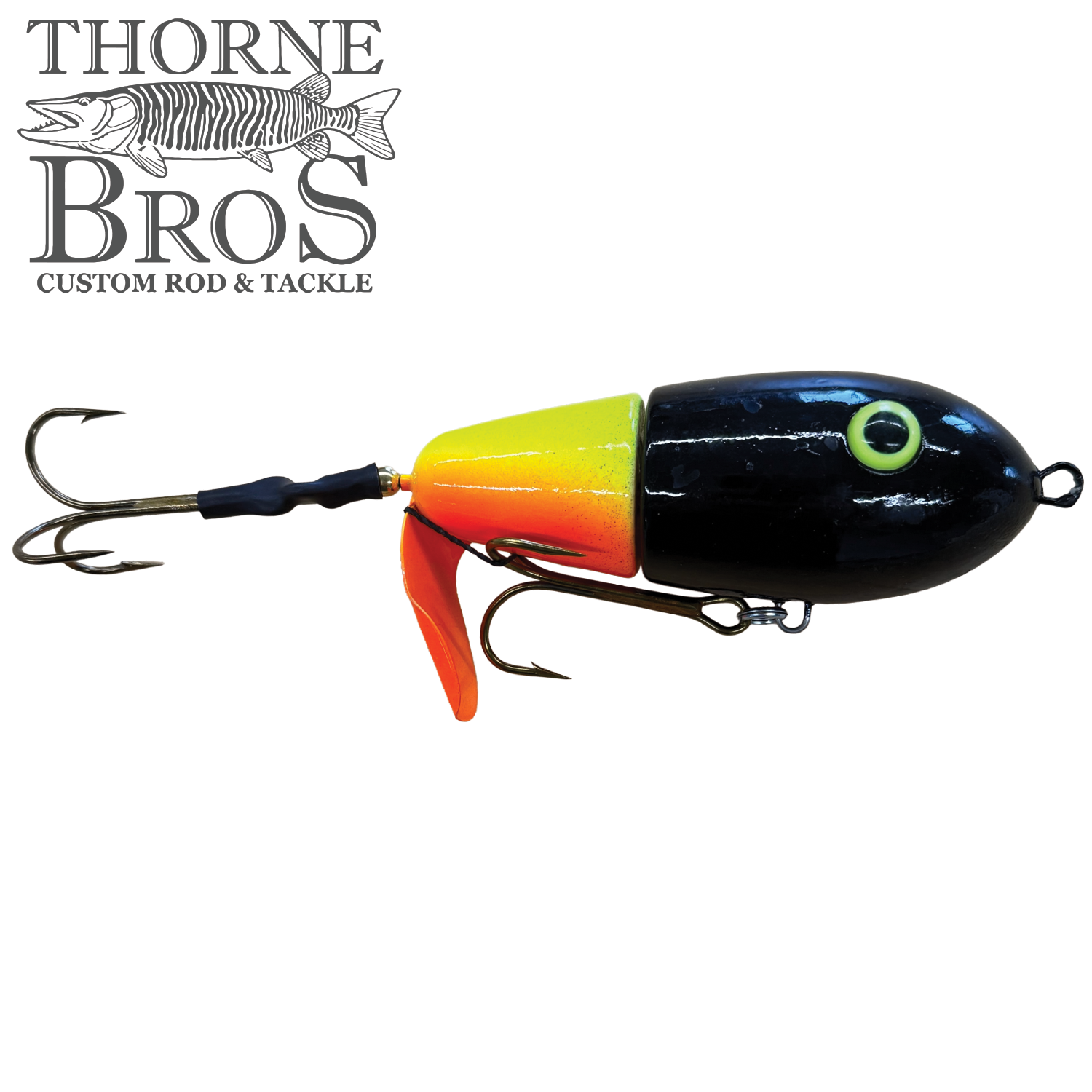 Lake-X Fat Bastard musky fishing lure with a bright yellow and black segmented body, featuring two treble hooks and a small orange diving lip for realistic movement in water.