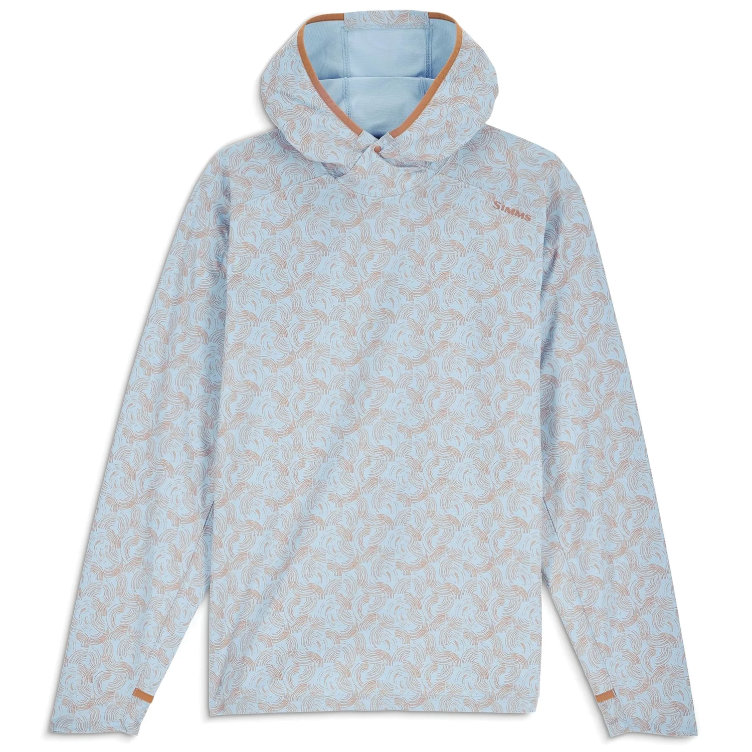 Simms SolarFlex Hoody - Men's (New 2026) in light blue with subtle swirling pattern, featuring long sleeves, a hood, and thumb holes for sun protection during fishing and outdoor activities.
