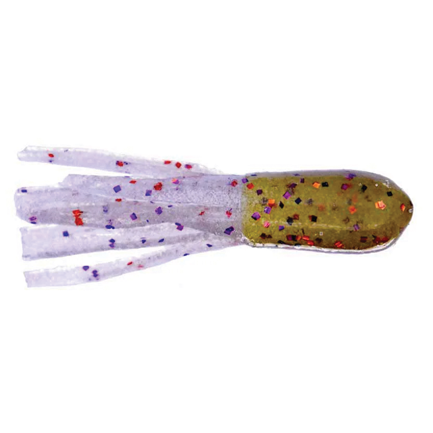 X-Zone 2.25" Scented Stealth Tubes fishing lure with olive green head and translucent purple tentacles adorned with red and purple glitter for attracting musky and other game fish.