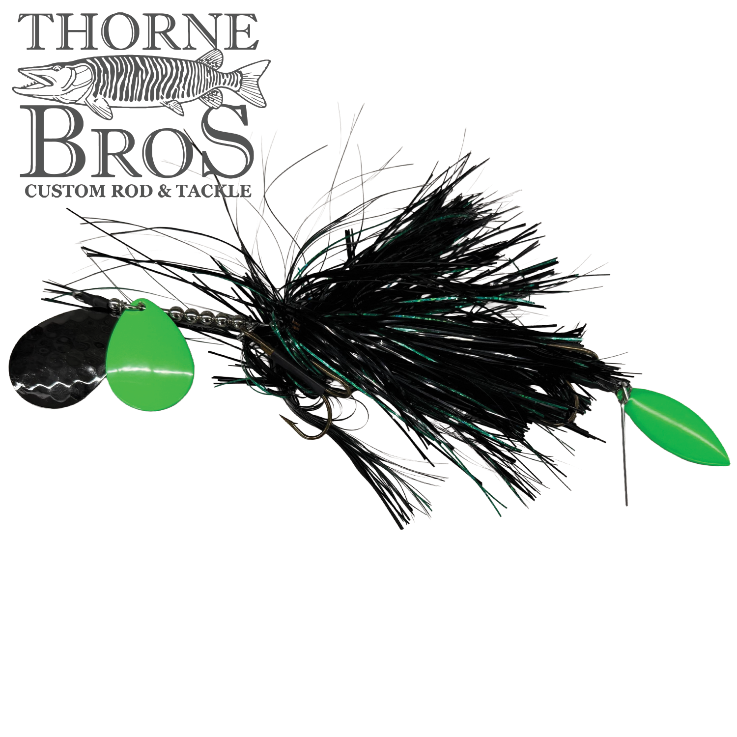 Hunsy Tails 7/8 XL Banger fishing lure featuring black and green skirt with twin spinner blades designed for musky fishing, shown against a white background.