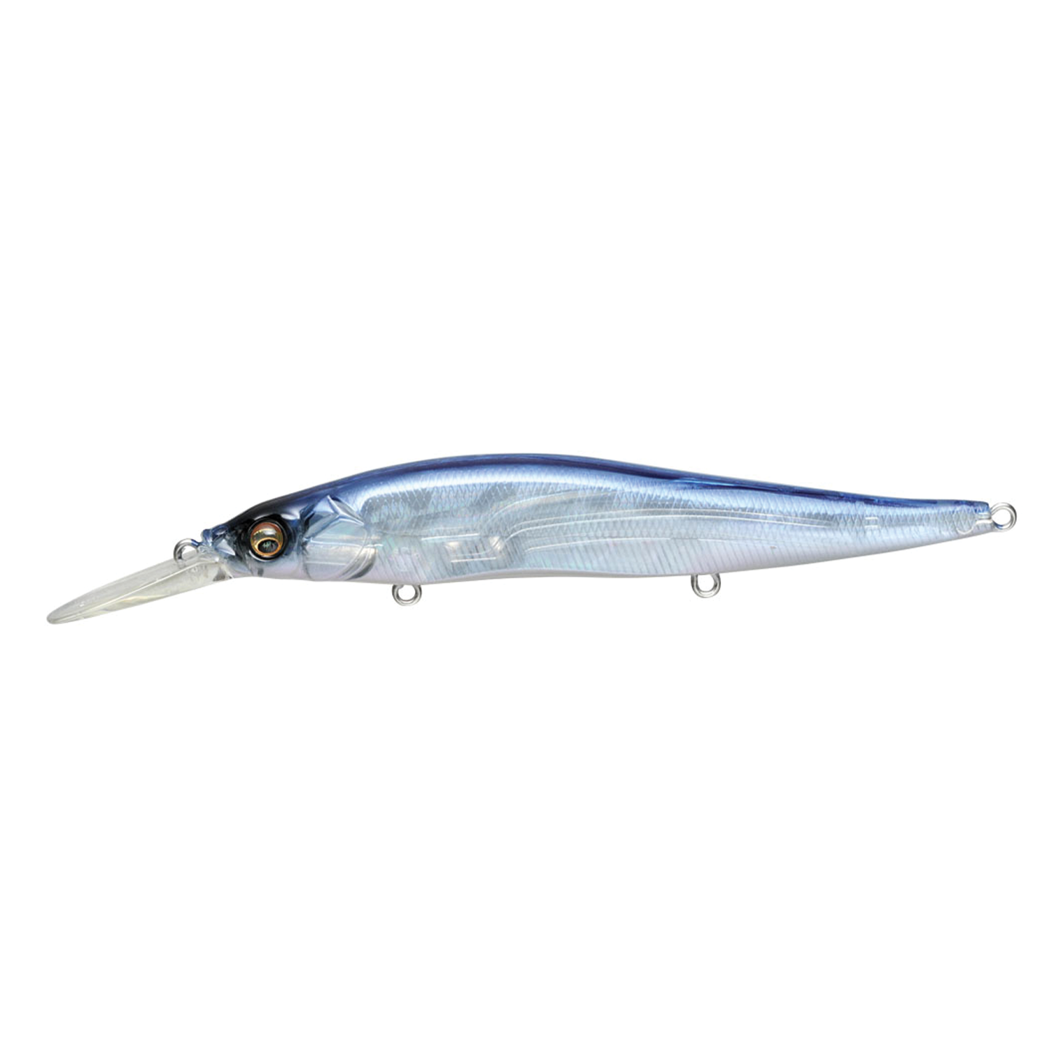 Megabass Vision 110+1 fishing lure in blue and silver with a long clear lip, detailed eyes, and multiple attachment points for fishing tackle and musky fishing.