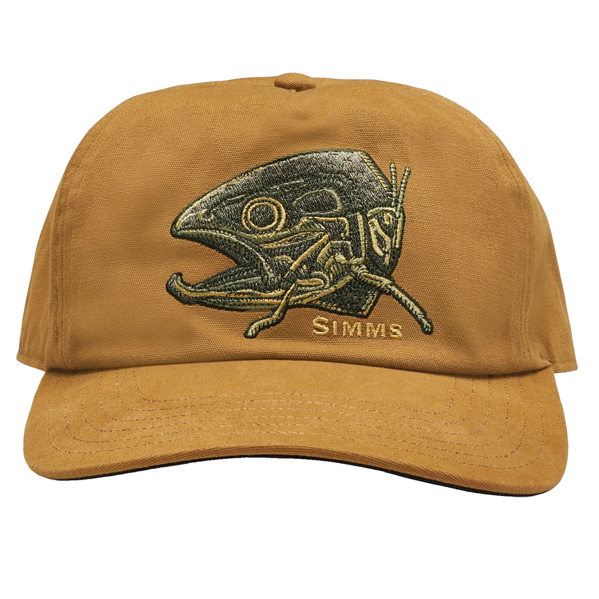 Simms Double Haul Cap in tan with embroidered fish graphic and curved brim for anglers