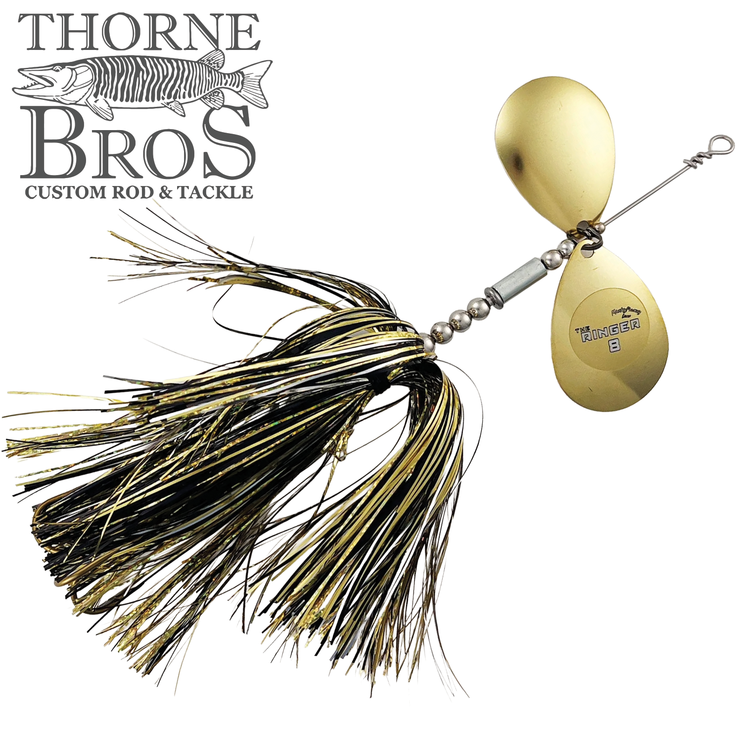 Musky Frenzy The Ringer 8 fishing lure with dual gold-colored spinner blades and black and gold skirt, designed for attracting musky fish, displayed with Thorne Bros logo.