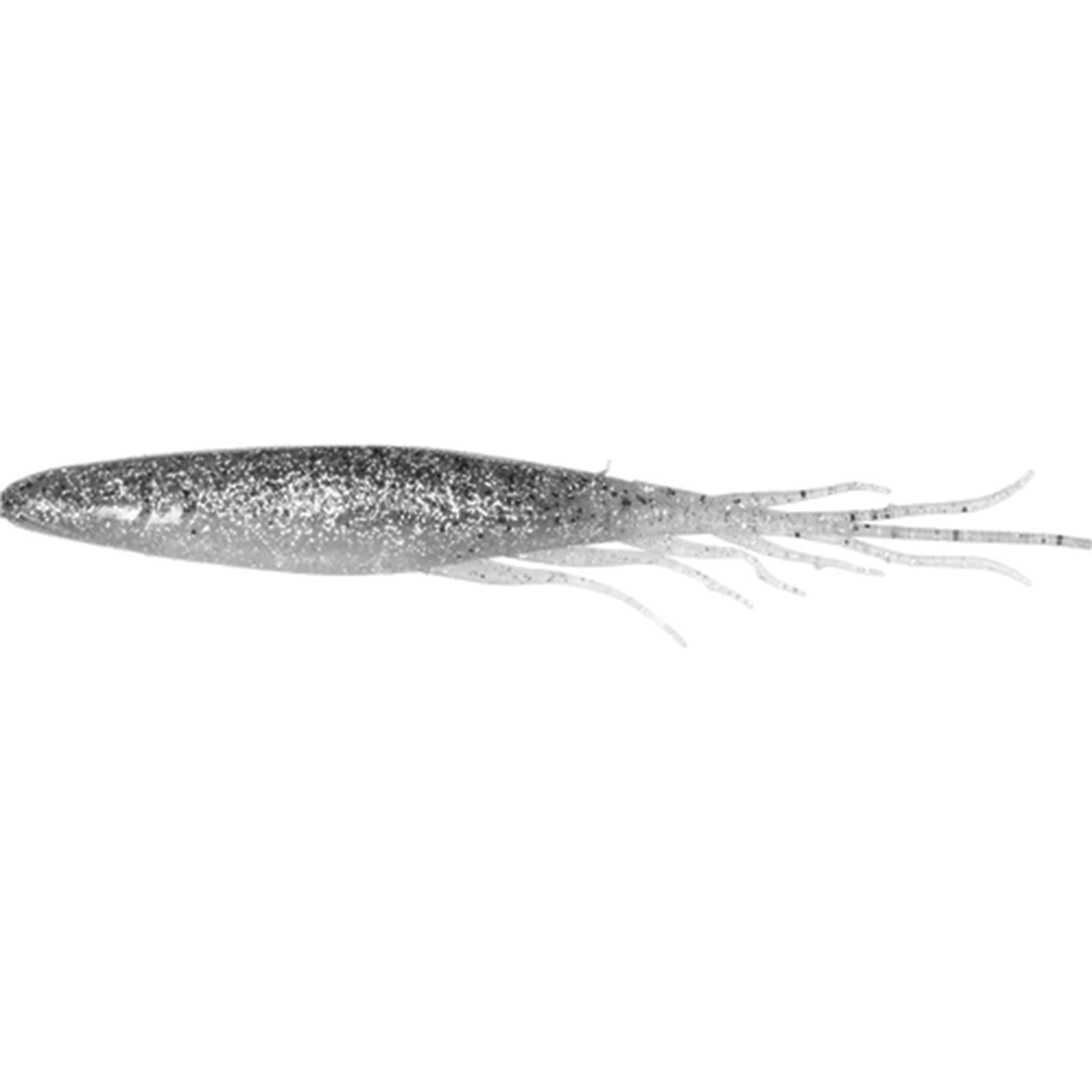 Hideup Judy Fish 5.2" soft fishing lure in gray with sparkles and multiple thin tail extensions designed for musky fishing tackle.
