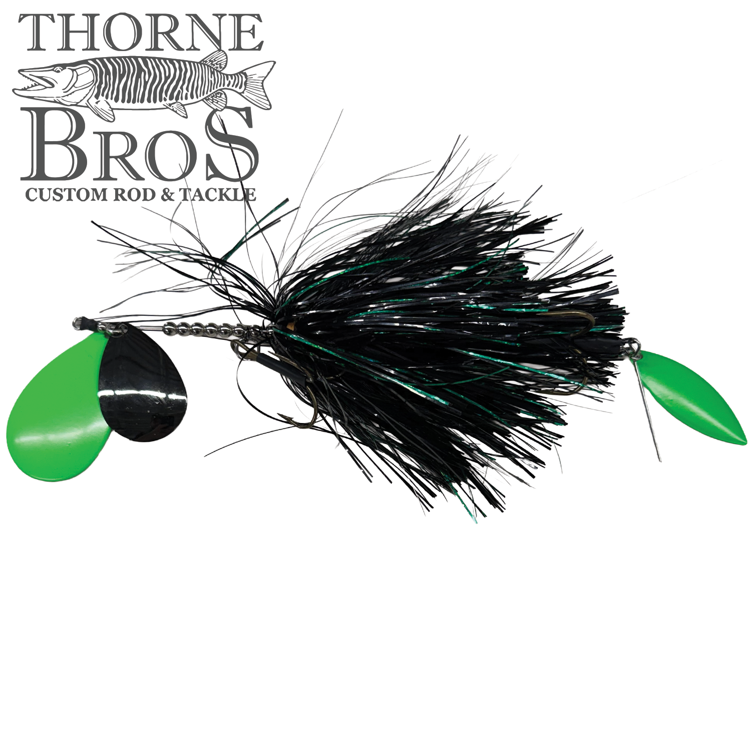 Hunsy Tails 8/10 Banger fishing lure with black and green skirt, featuring two green blades and one black blade, designed for musky fishing and custom tackle use.
