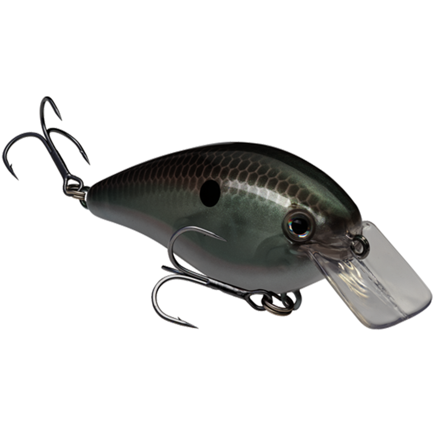 Strike King KVD Hard Knock fishing lure with dark, scale-patterned body, clear diving lip, and two sharp treble hooks for effective freshwater fishing tackle.