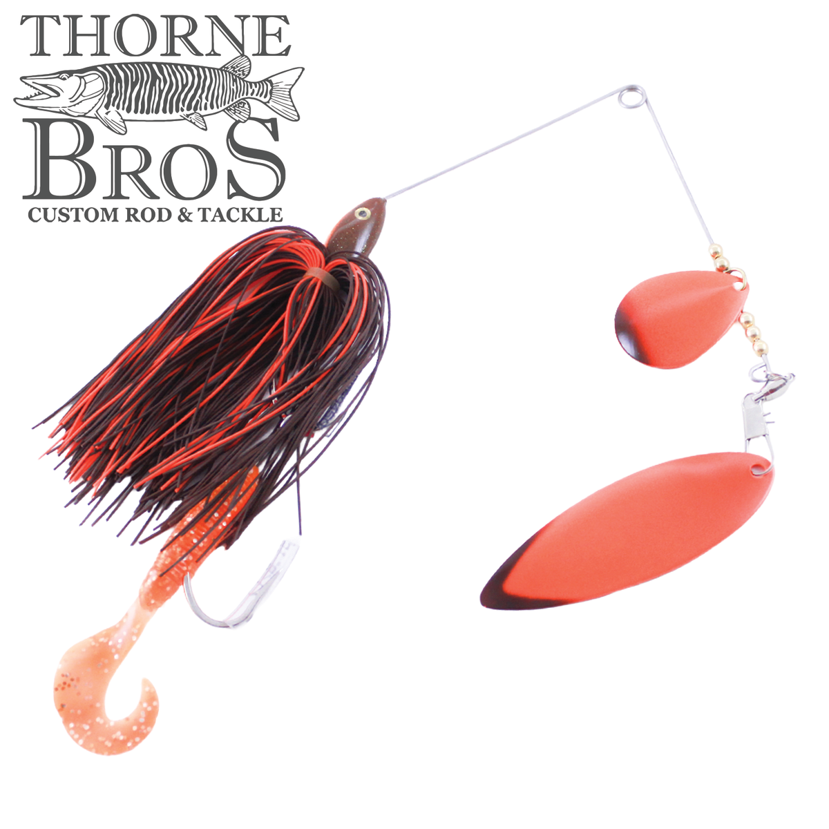 Ace Baits Big Ace Spinnerbait with red and black skirt orange soft plastic trailer and red spinner blades for musky fishing tackle by Thorne Bros