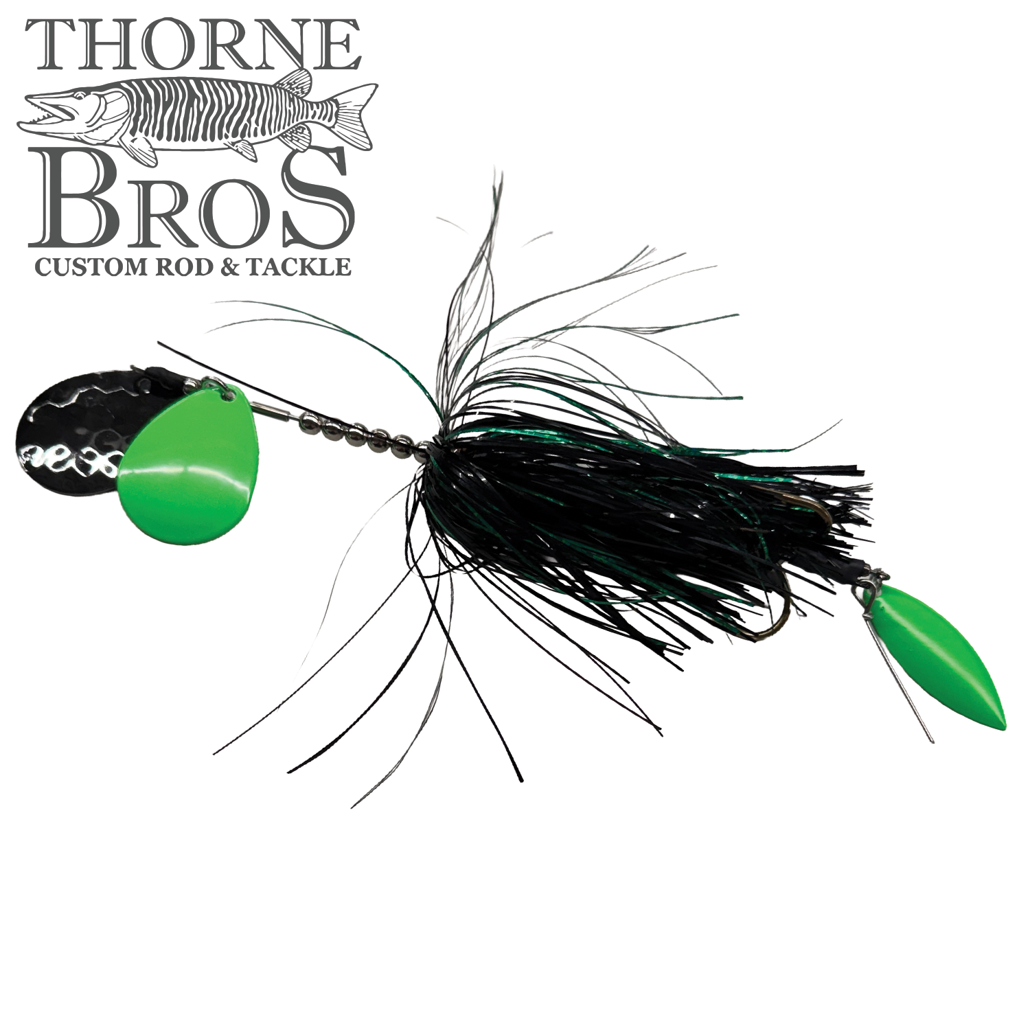 Hunsy Tails 7/8 Banger fishing lure with black and green skirt, green and black spinner blades, designed for musky fishing, displayed with Thorne Bros logo.