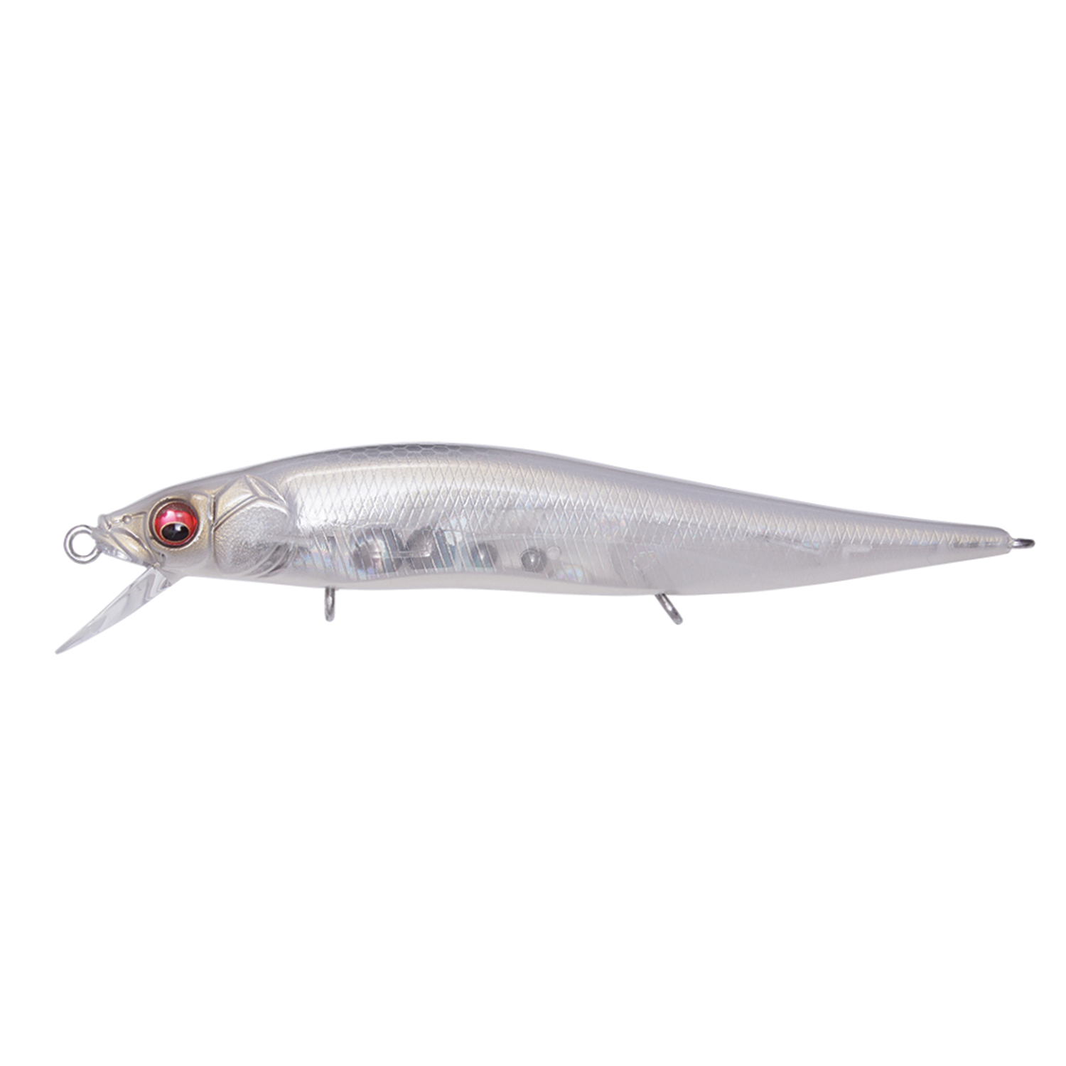 Megabass Vision 110 Jr. fishing lure in translucent finish with detailed body design and red eyes, ideal for attracting musky and other freshwater fish.