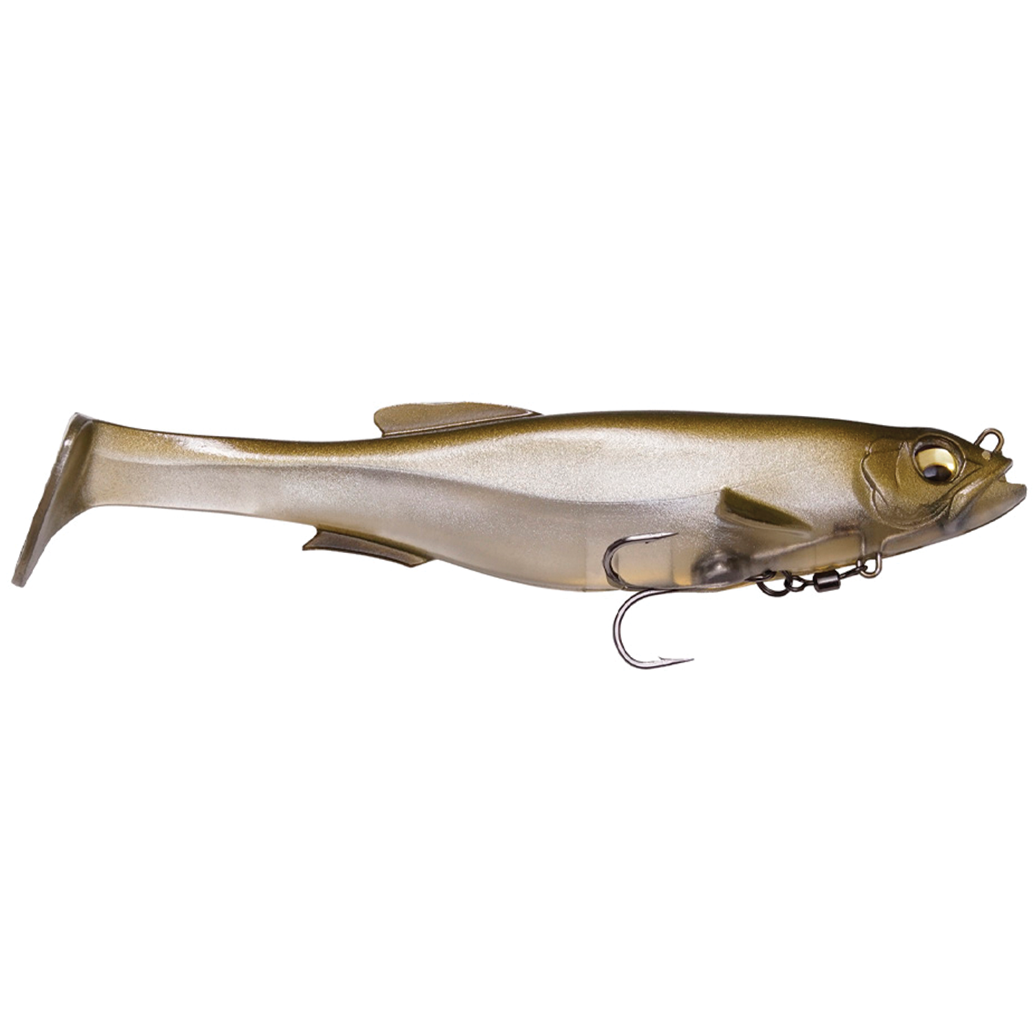 Megabass Magdraft fishing lure in natural fish colors with detailed body, realistic eyes, and a single sharp hook designed for effective musky fishing tackle.