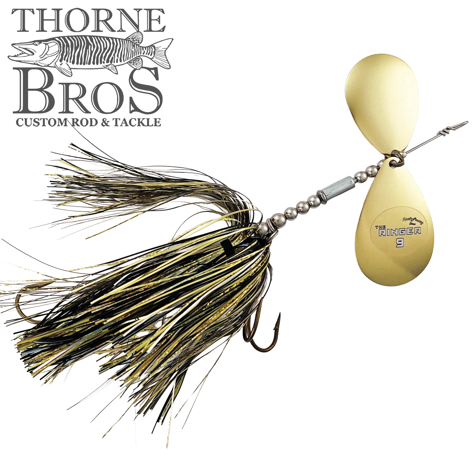 Musky Frenzy The Ringer 9 fishing lure with a gold double spinner blade and black, gold, and silver skirt, designed for musky fishing by Thorne Bros Custom Rod & Tackle.