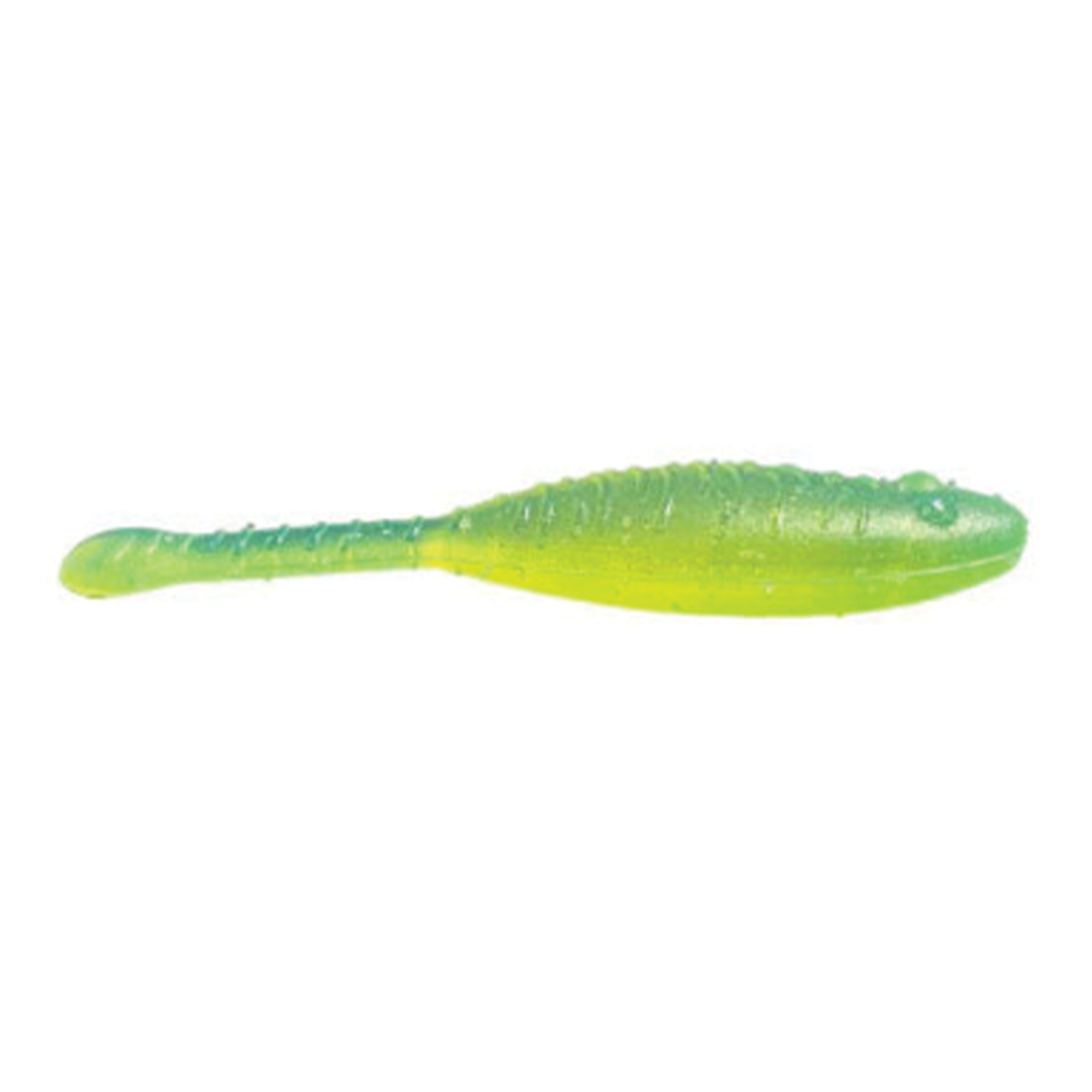 Great Lakes Finesse 2.25" Flat Cat soft fishing lure in translucent green and yellow, designed for freshwater fishing to mimic small baitfish.