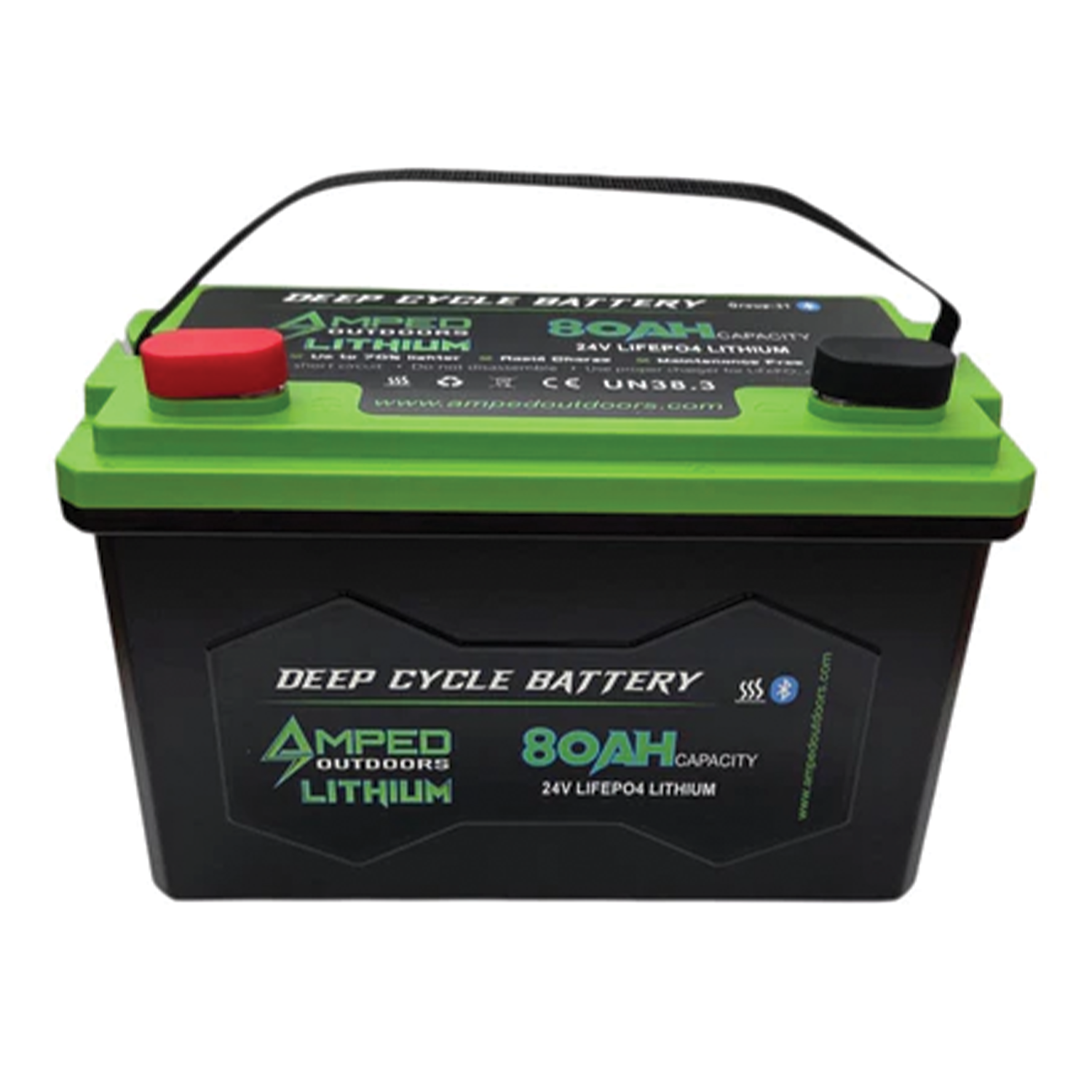 Amped Outdoors (LiFePO4) 24V Lithium Batteries - Battery w/Charger featuring a compact black and green deep cycle lithium battery with red and black terminals and carrying handle.