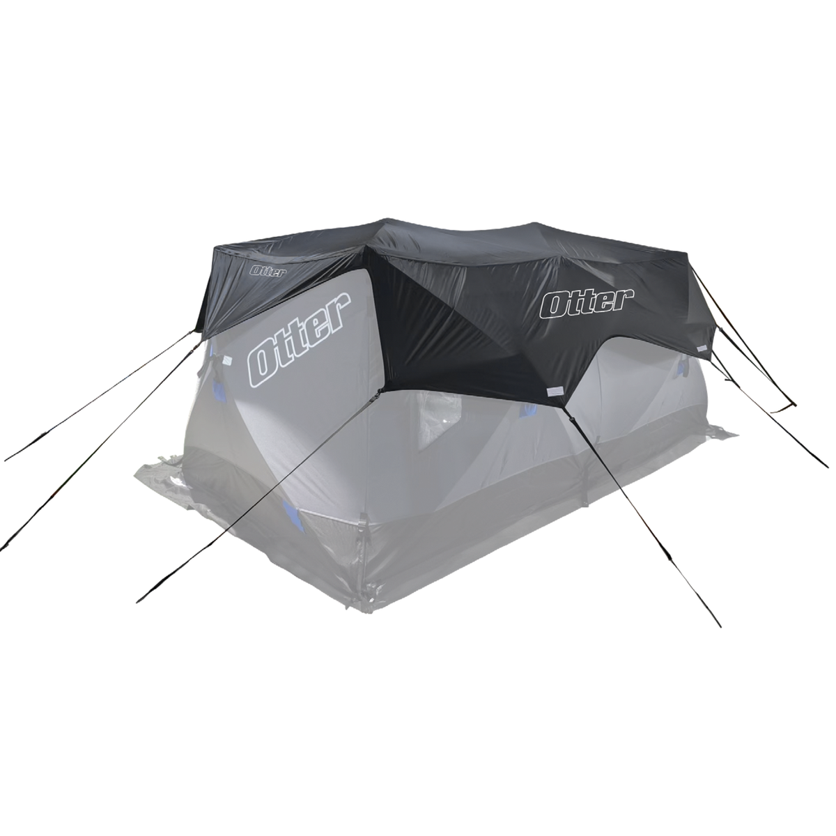 Otter Vortex Pro Rain Fly (All Sizes) shown covering a gray and black portable shelter with taut guy lines for added weather protection
