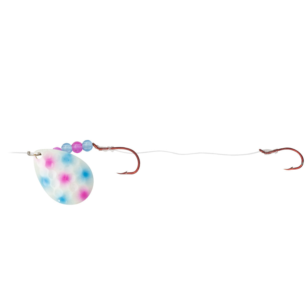 Northland Gravel Grinder Harness fishing tackle with a white spinner blade featuring pink and blue spots, two red fishing hooks, and colored plastic beads on a clear fishing line.
