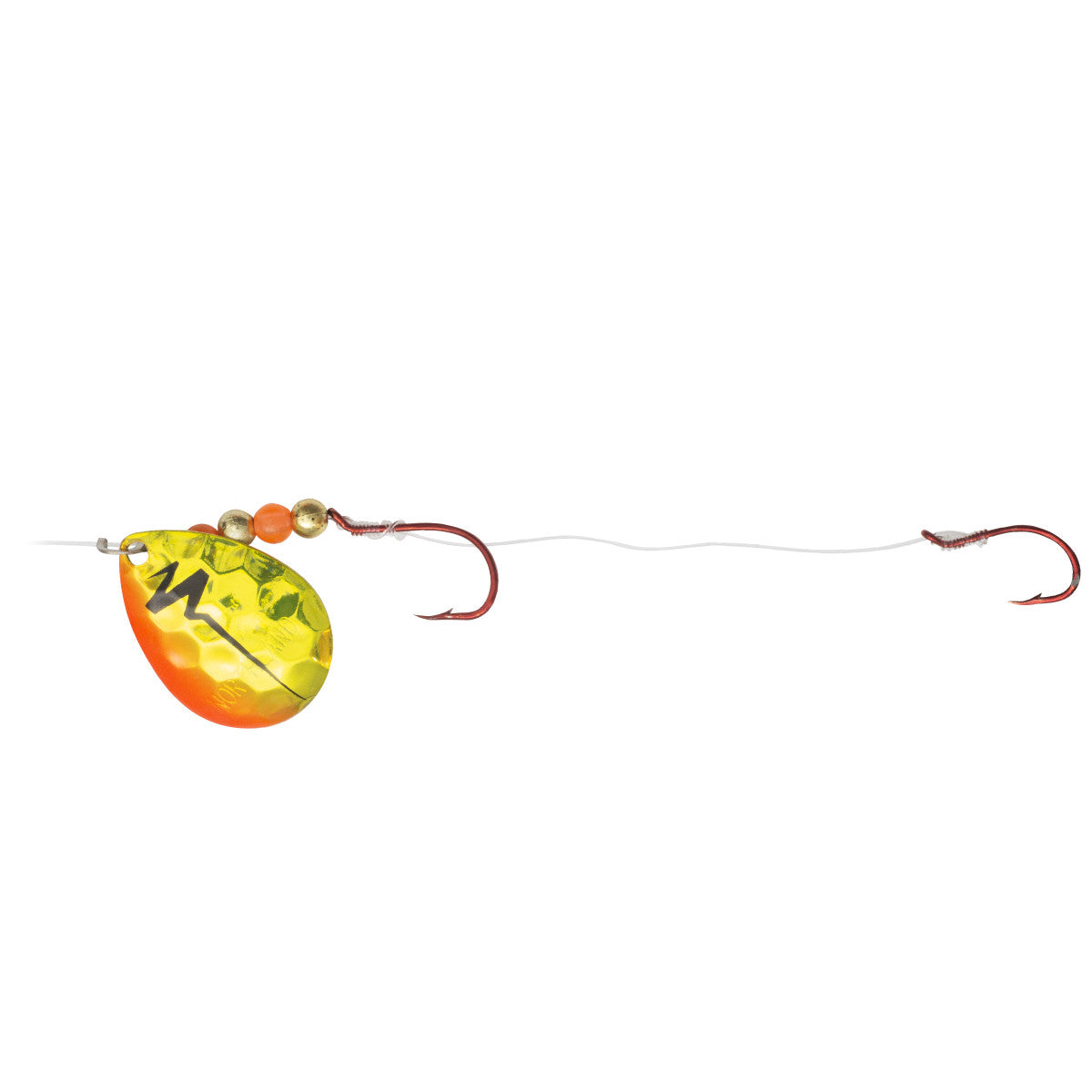 Yellow and orange fishing lure with a hammered metal spinner blade, two red hooks connected by a clear fishing line, Northland Gravel Grinder Harness visible against white background.