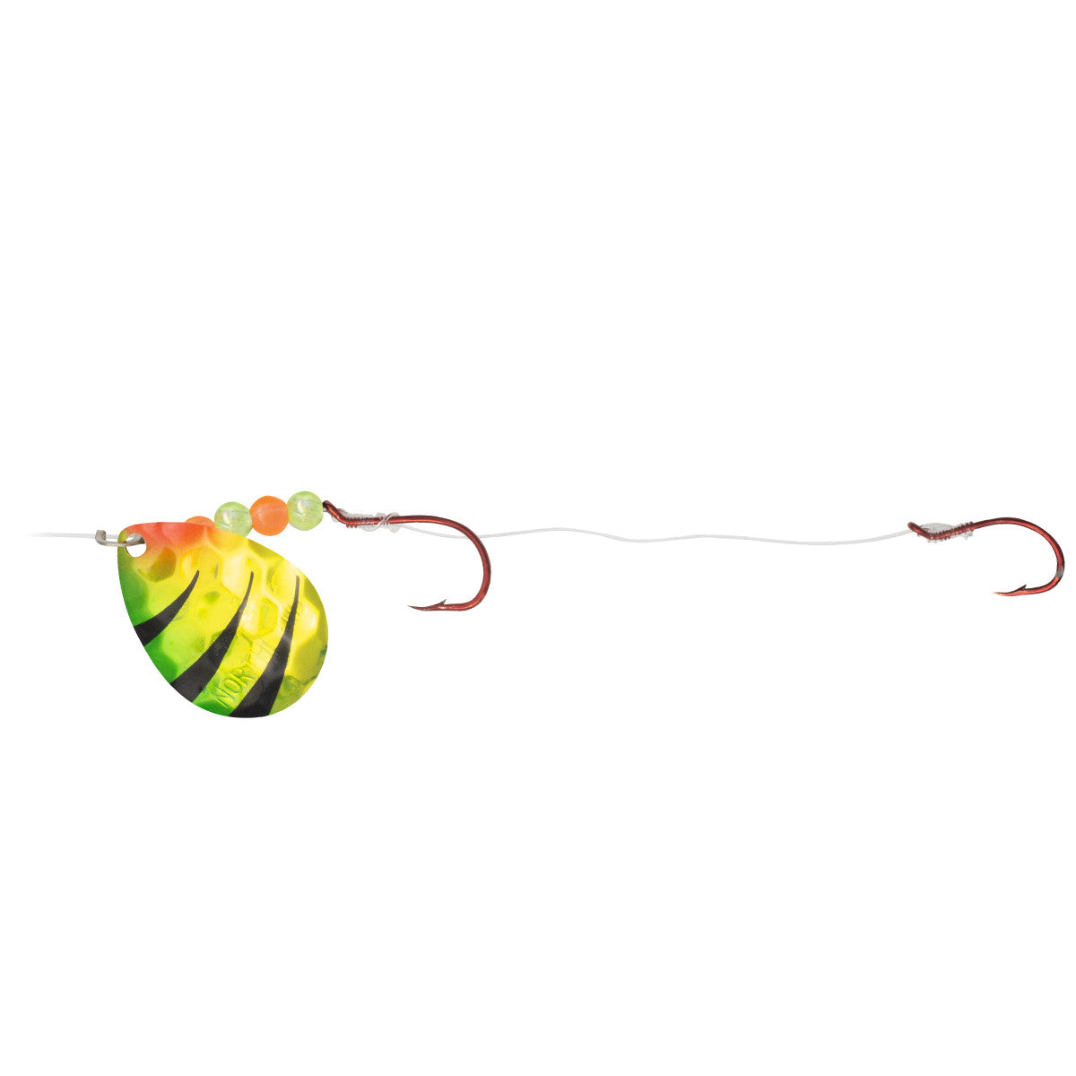 Northland Gravel Grinder Harness with bright yellow and orange spinner blade, two red fishing hooks connected by clear fishing line, designed for fishing tackle and musky fishing.