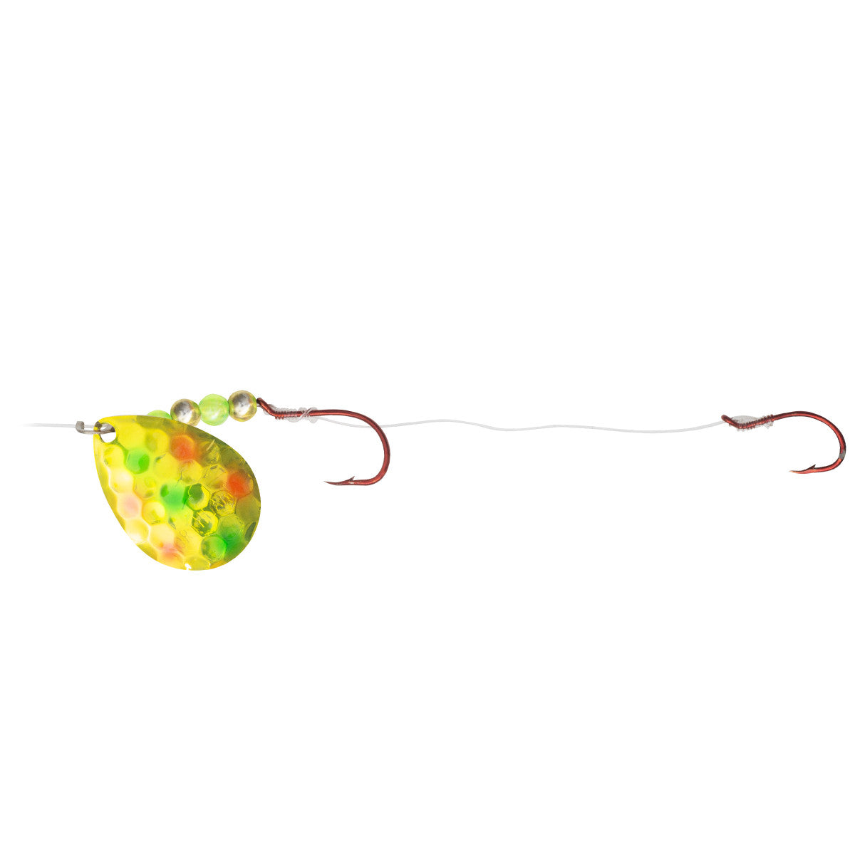 Northland Gravel Grinder Harness featuring a brightly colored yellow and green spinner blade with attached red fishing hooks on clear fishing line designed for musky fishing tackle.