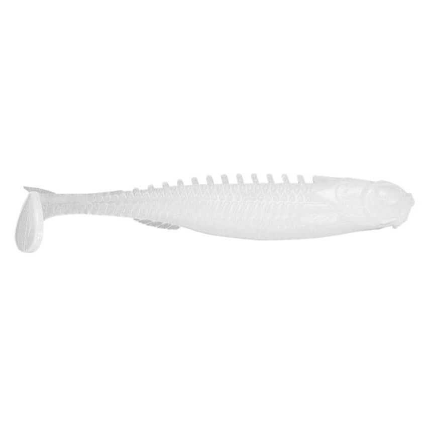 Northland Eye-Candy Paddle Shad soft plastic fishing lure in translucent white with ribbed body and paddle tail, designed for realistic movement in fishing tackle.