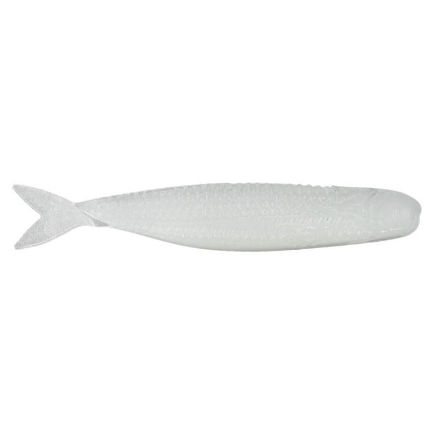 Northland Eye-Candy Shiner fishing lure in translucent white with a detailed fish-like body and forked tail designed for realistic movement in water.