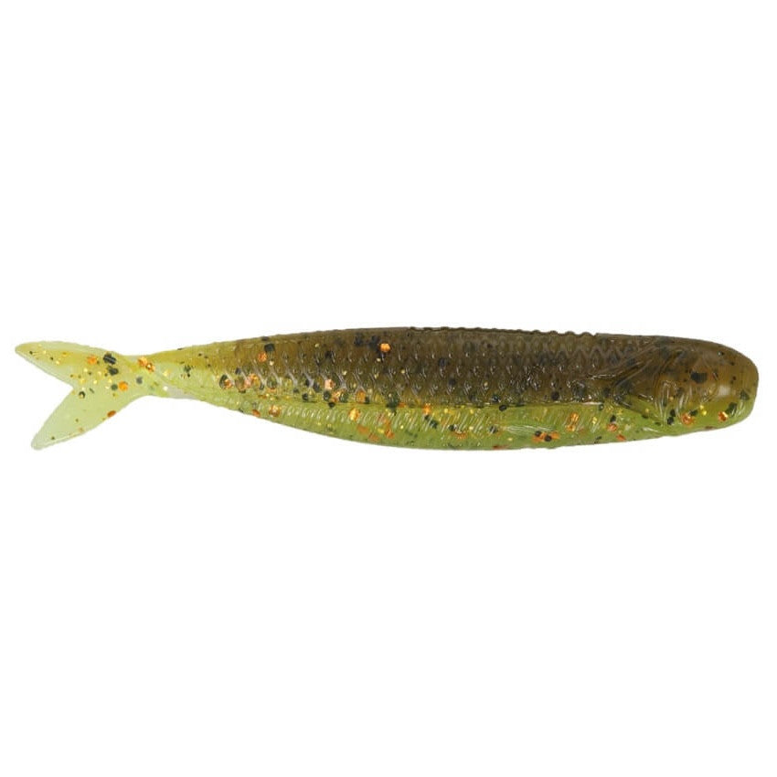 Soft plastic fishing lure in green and brown with orange and black flecks, shaped like a small baitfish, Northland Eye-Candy Shiner designed for fishing tackle use.