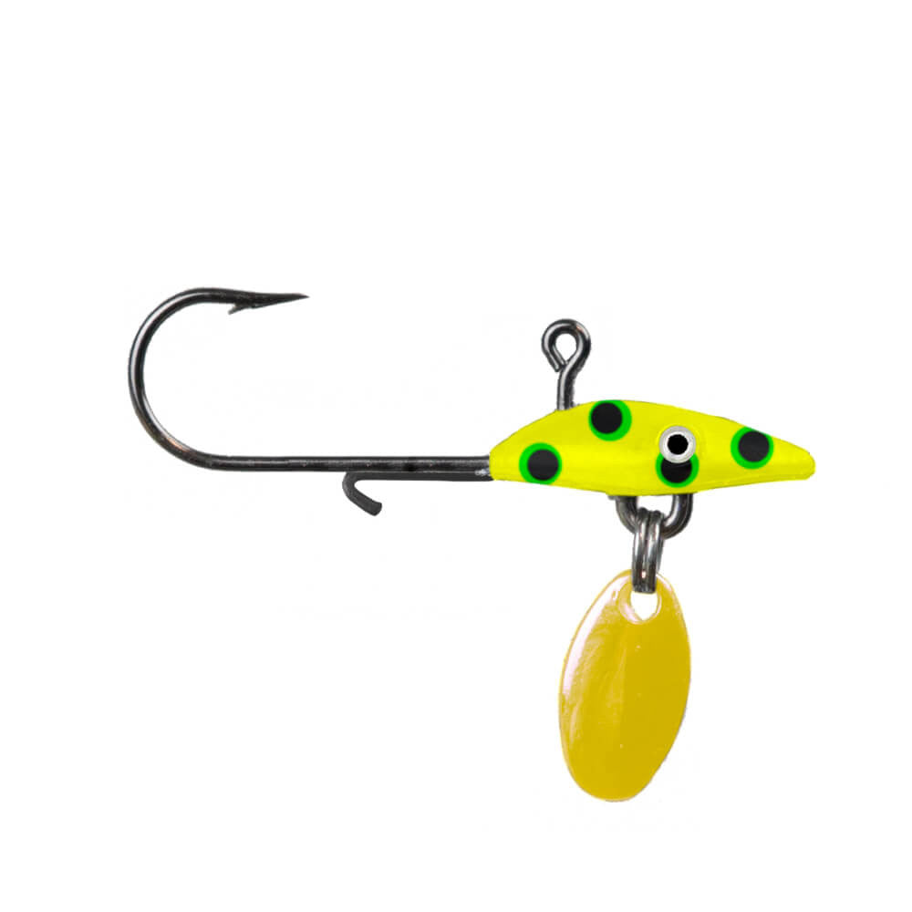 Northland Tungsten Bling Jig fishing lure with bright yellow body, black spots, sharp hook, and attached yellow spinner blade for attracting fish in fishing tackle.