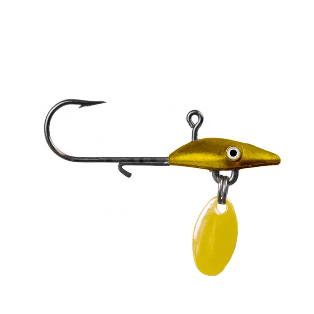 Northland Tungsten Bling Jig fishing lure with a gold-colored head, single sharp hook, and a small yellow spinner blade for attracting fish in freshwater fishing tackle.
