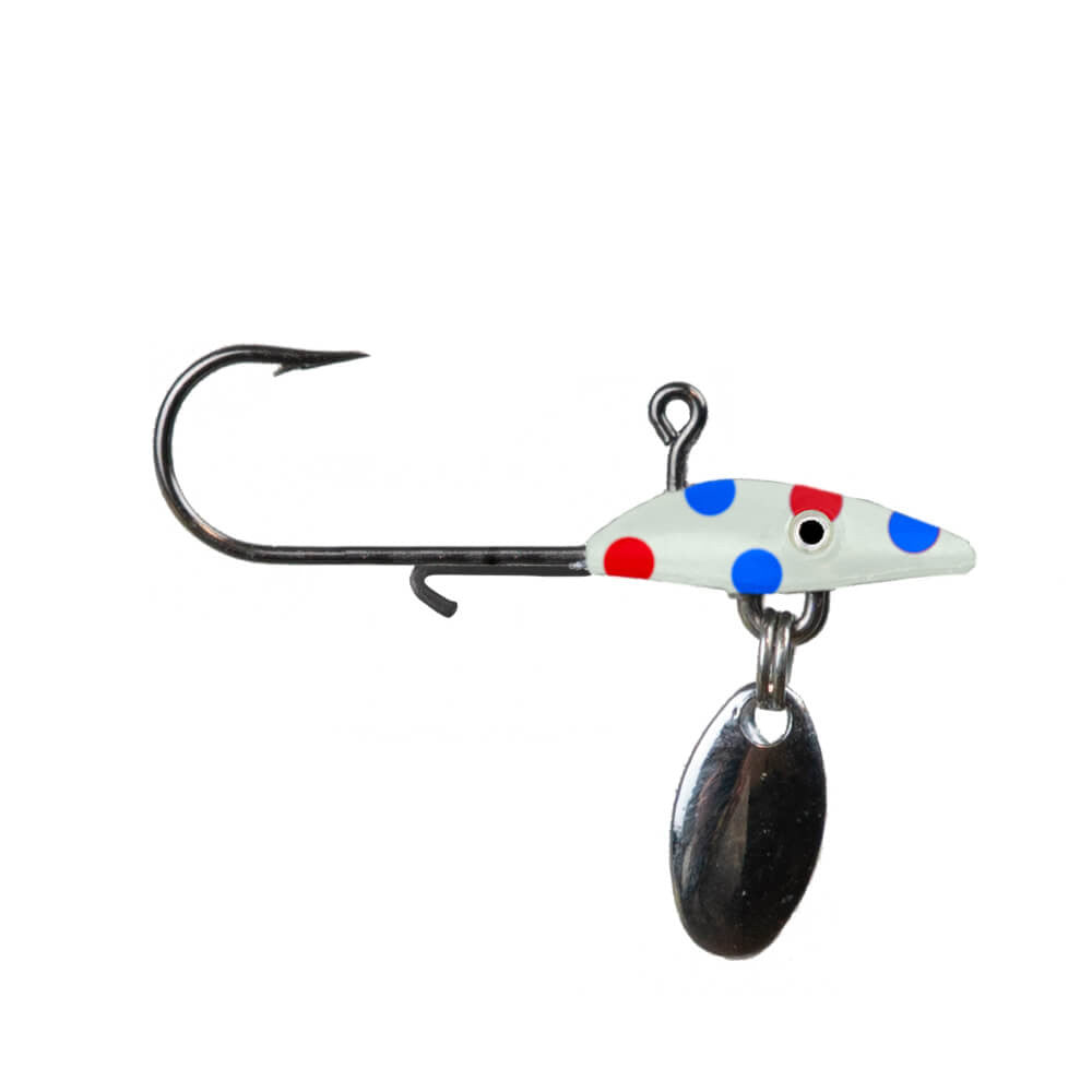 Northland Tungsten Bling Jig fishing lure with a white body featuring red and blue dots, a sharp fishing hook, and a small attached silver spinner blade for added attraction.