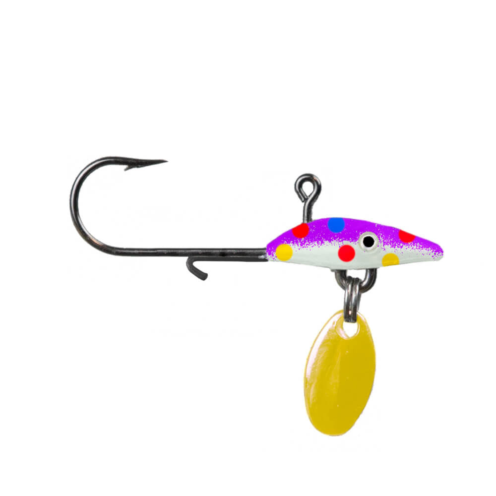 Northland Tungsten Bling Jig fishing lure with a sharp black hook, colorful spotted body, and a bright yellow spinner blade designed for attracting fish in freshwater fishing tackle.